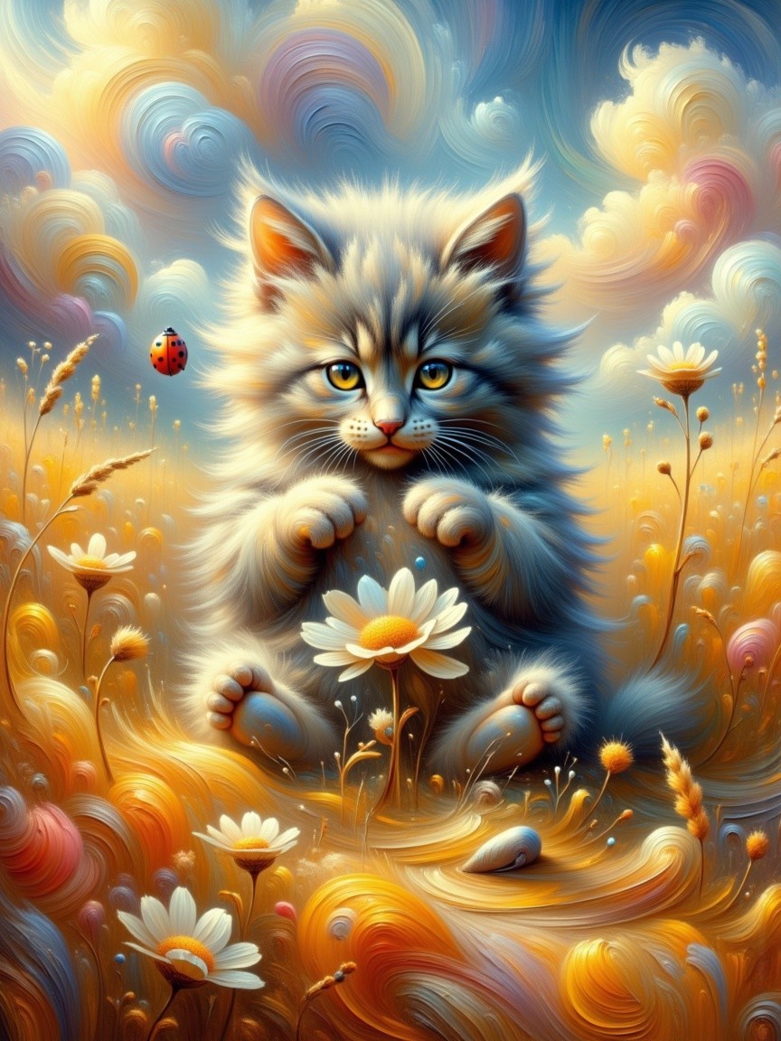 Fluffy Kitten Surrounded by Yellow Flowers and Daisies