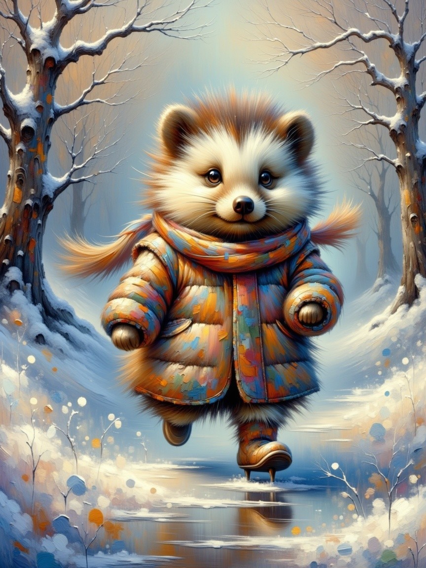 Cartoon Hedgehog in Winter Wonderland Scene