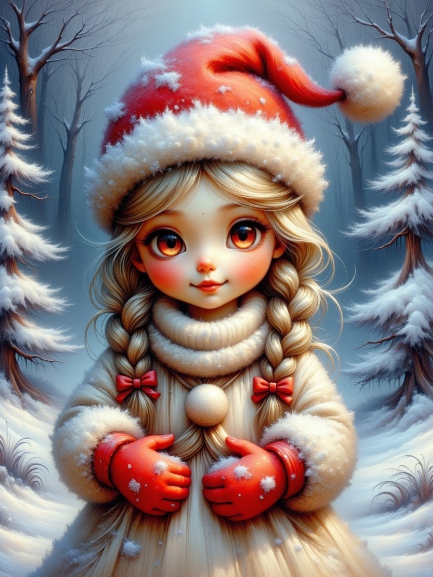 Whimsical Girl in Christmas Hat in Snowy Forest