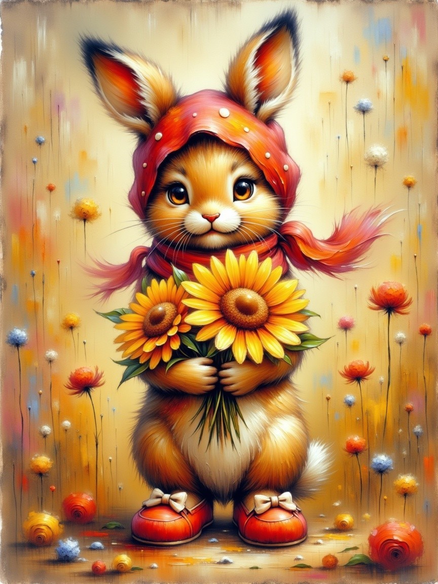 Fluffy Rabbit with Sunflowers in Springtime Setting