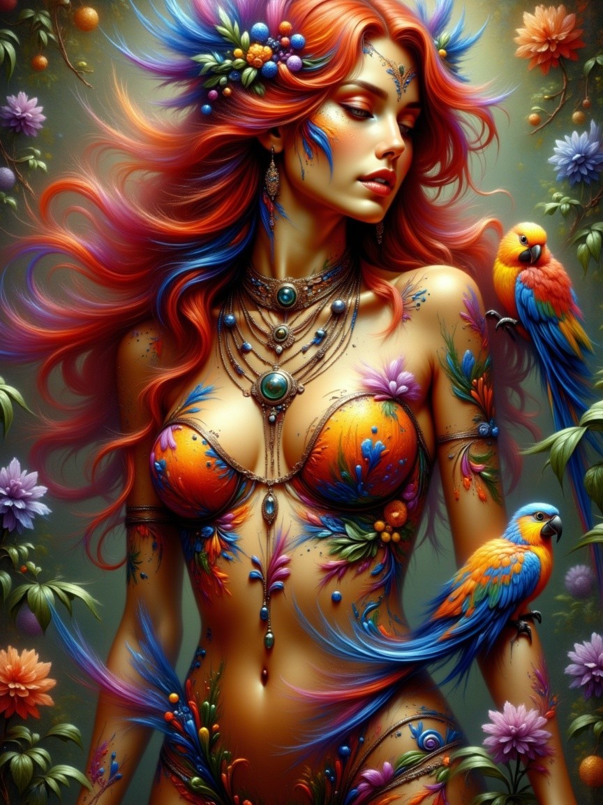 Ethereal Woman with Floral Body Art in Colorful Setting