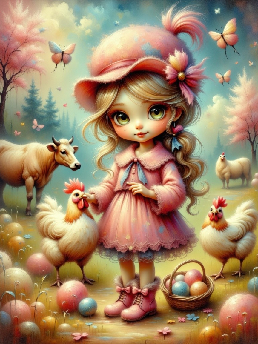 Joyful Girl in Pink Dress with Farm Animals and Easter Eggs