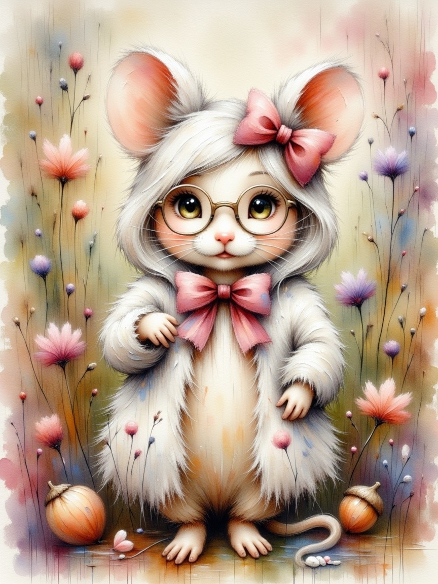 Anthropomorphic mouse in flowers with pastel colors