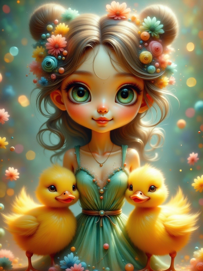 Anime Princess Portrait with Flowers and Ducklings
