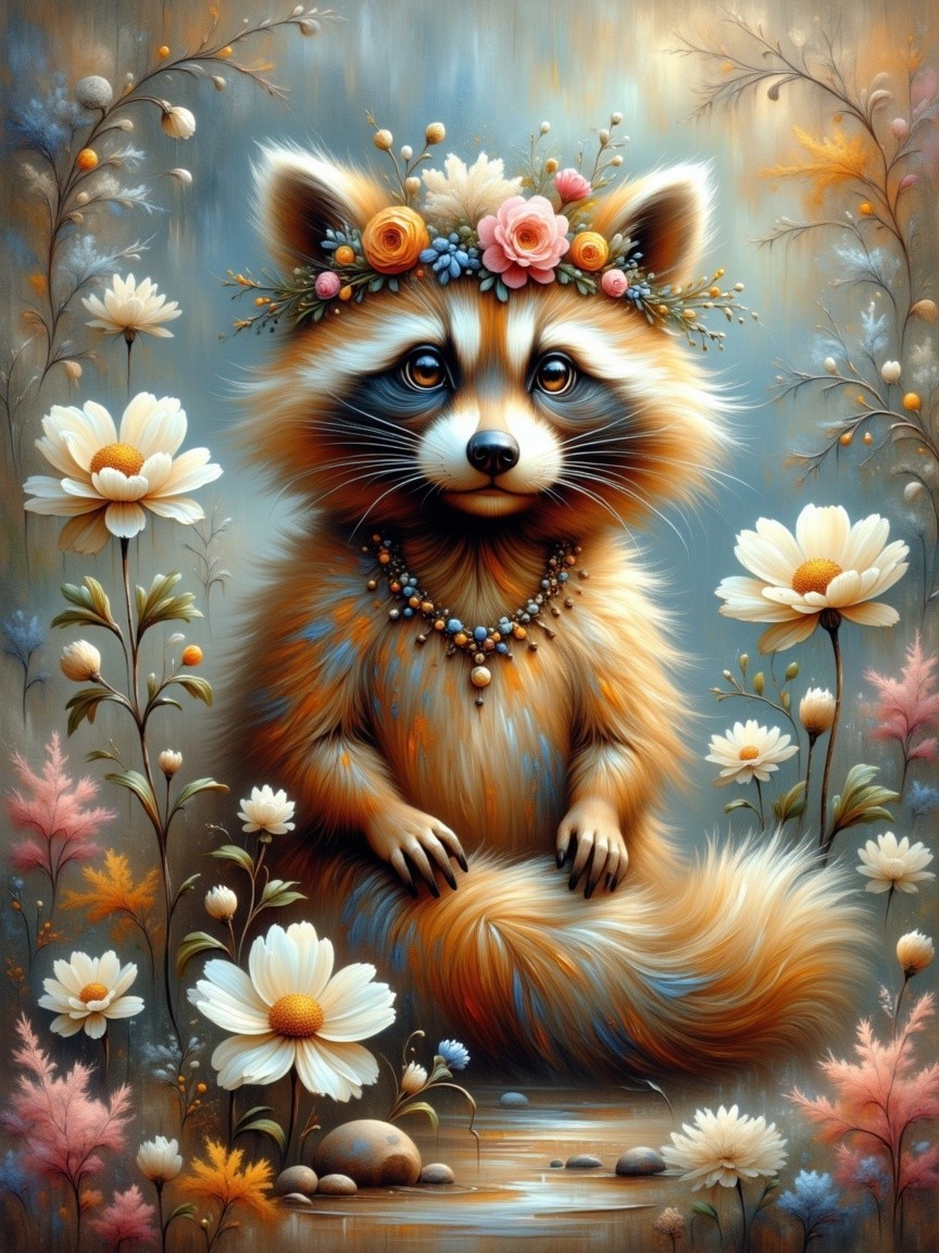 Fluffy Raccoon with Floral Crown Among Colorful Flowers
