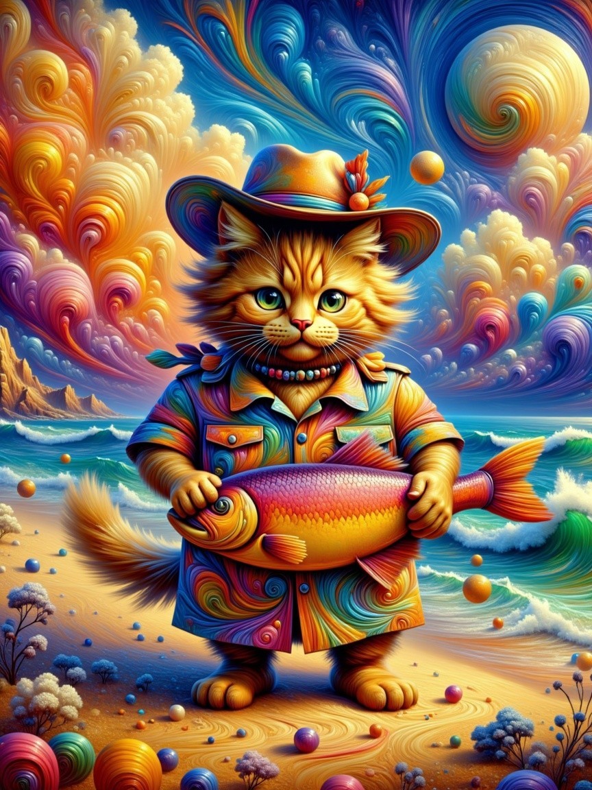 Colorful Cat on Beach with Fish in Surreal Landscape