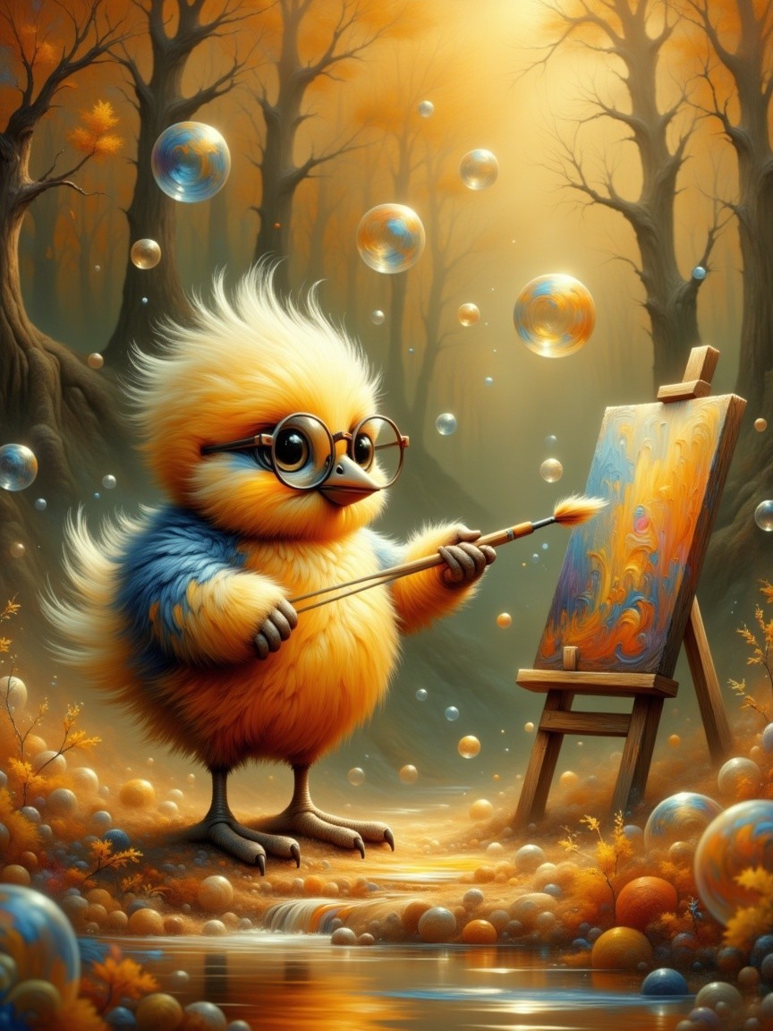 Colorful Bird Painting in Whimsical Forest Scene