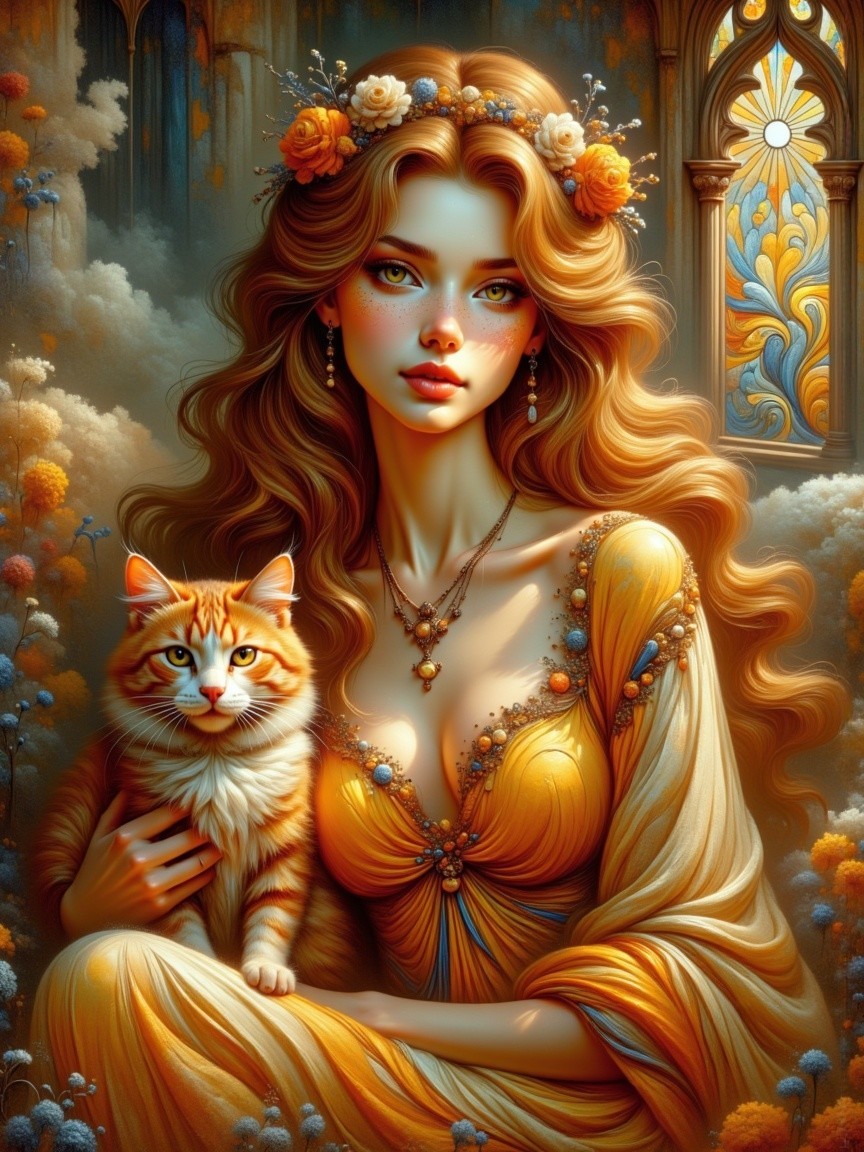 Hyperdetailed digital painting of a woman with cat