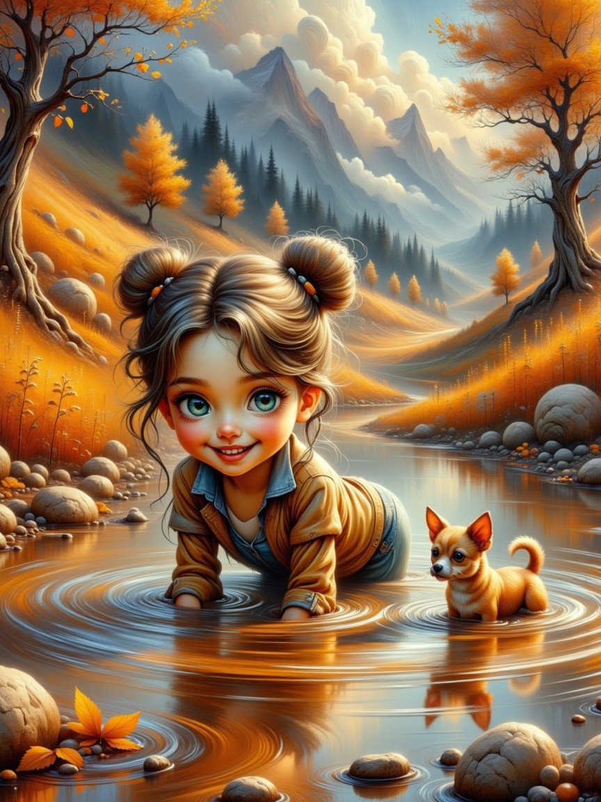 Young girl crawling in serene river with autumn foliage