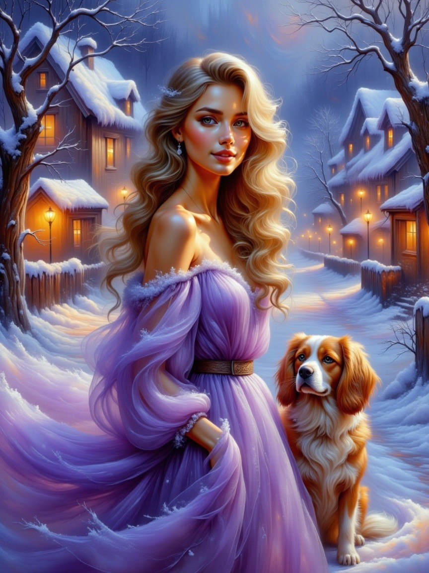 Digital Art Portrait of Woman in Winter Village Scene