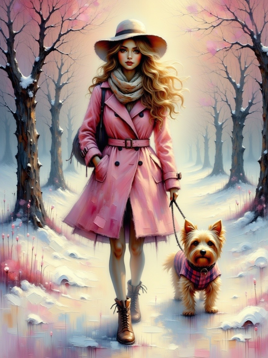 Stylish Woman in Pink Trench Coat in Snowy Landscape