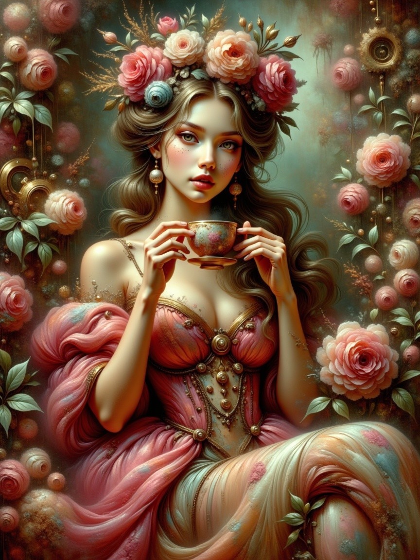 Elegant Woman with Teacup in Floral Dress and Background