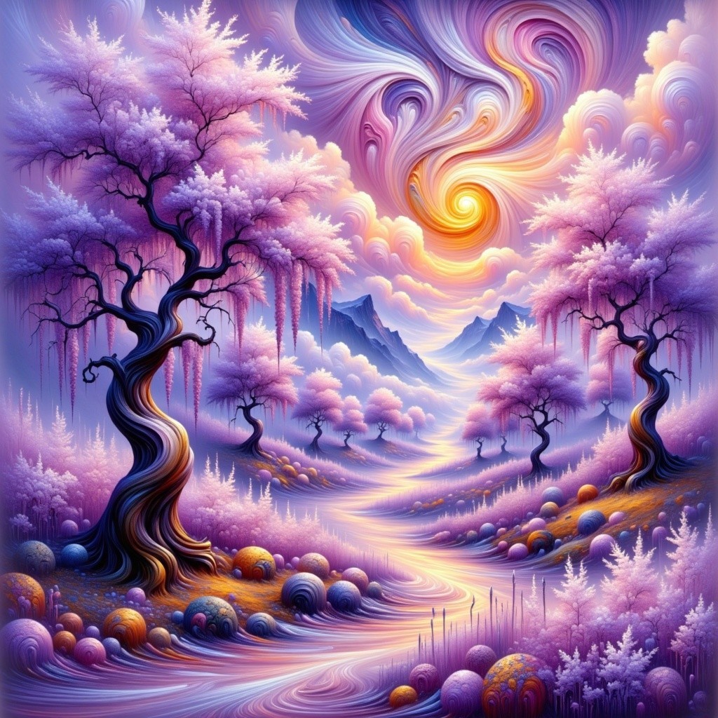 Vibrant Landscape with Twisting Trees and River