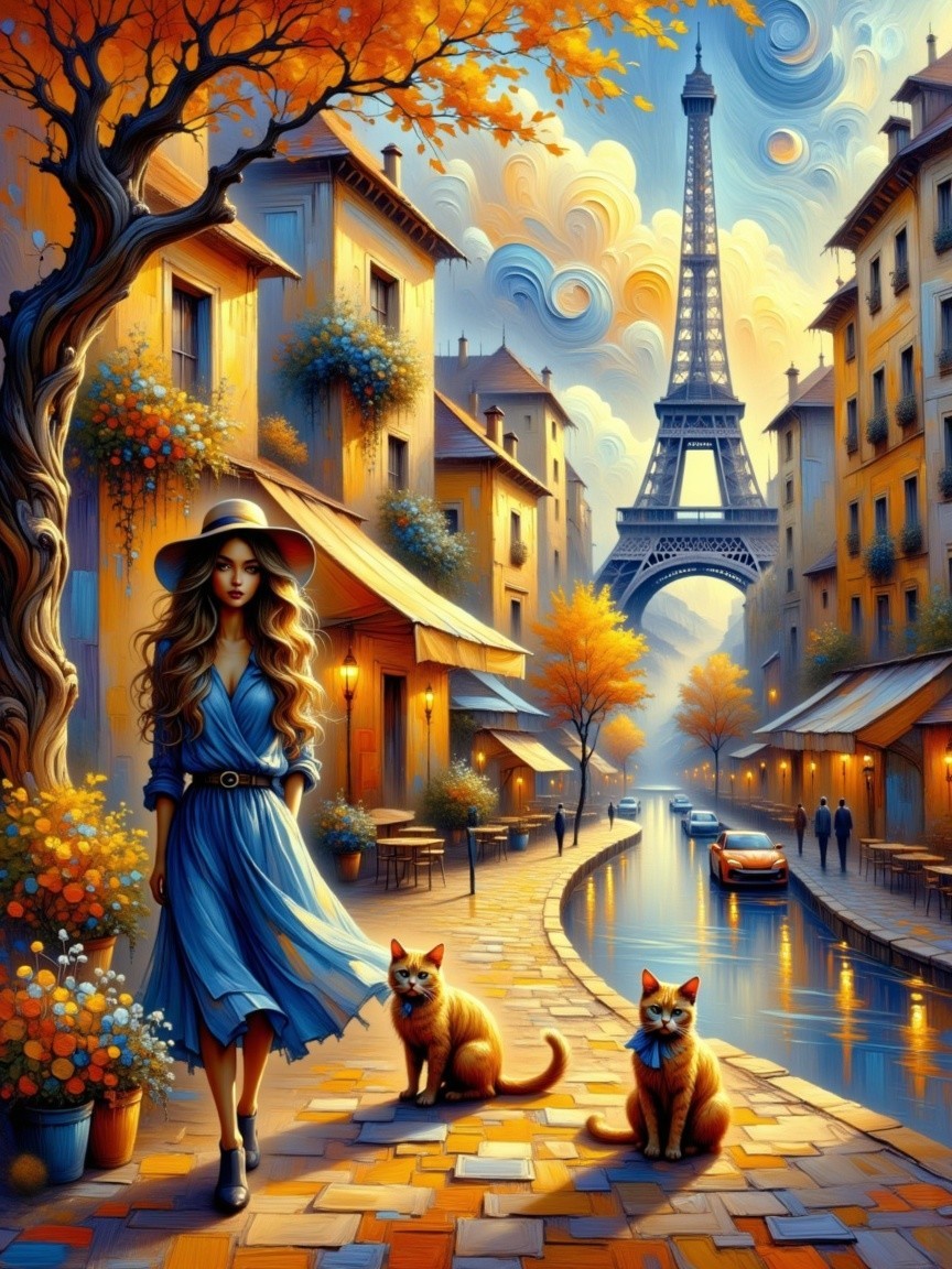 Autumn Street Scene in Paris with Woman and Cats