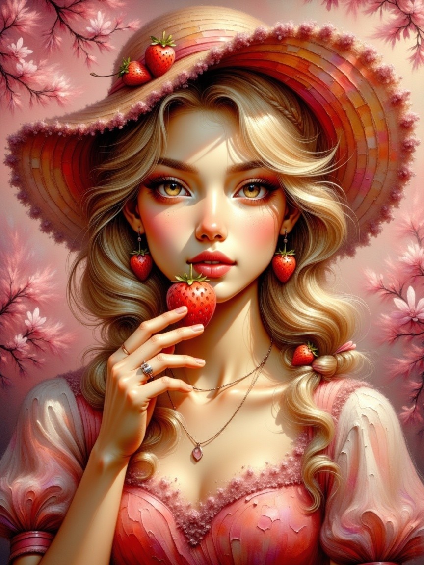 Young Woman in Pink Gown with Strawberries Background