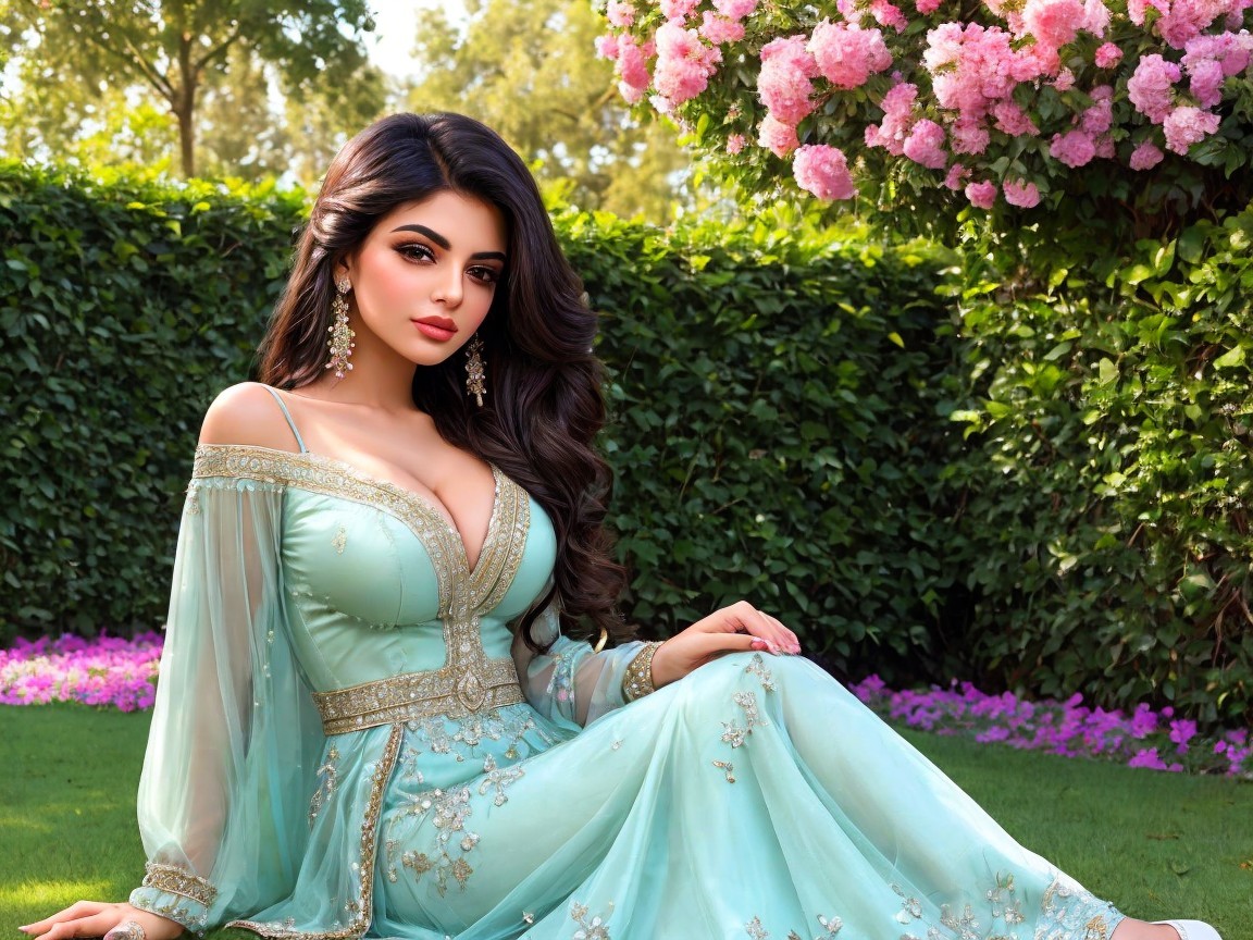 Portrait of a woman in aqua dress with gold details