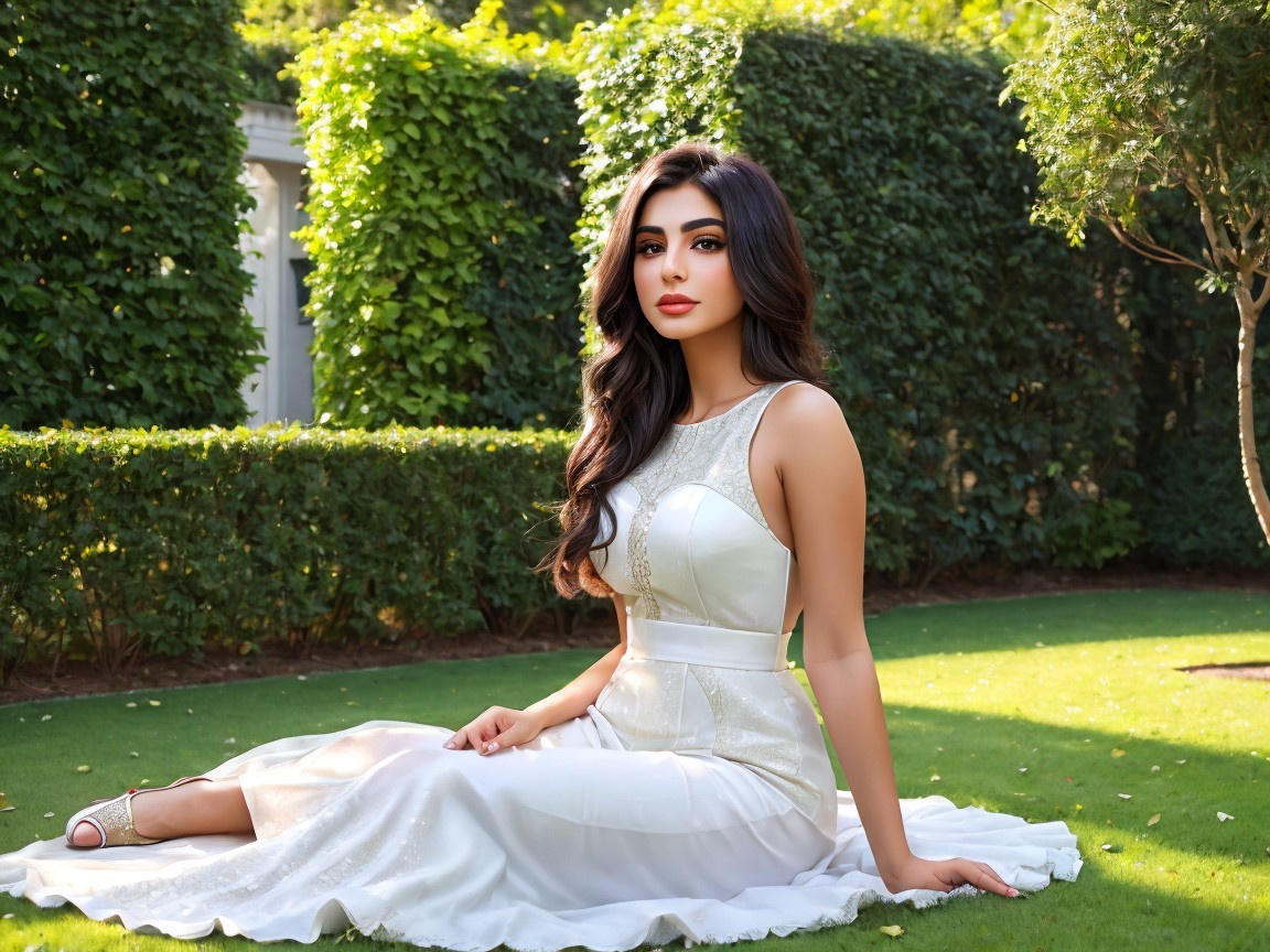 Elegant woman in patterned dress on green grass