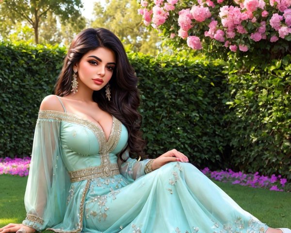 Portrait of a woman in aqua dress with gold details