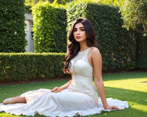 Elegant woman in patterned dress on green grass