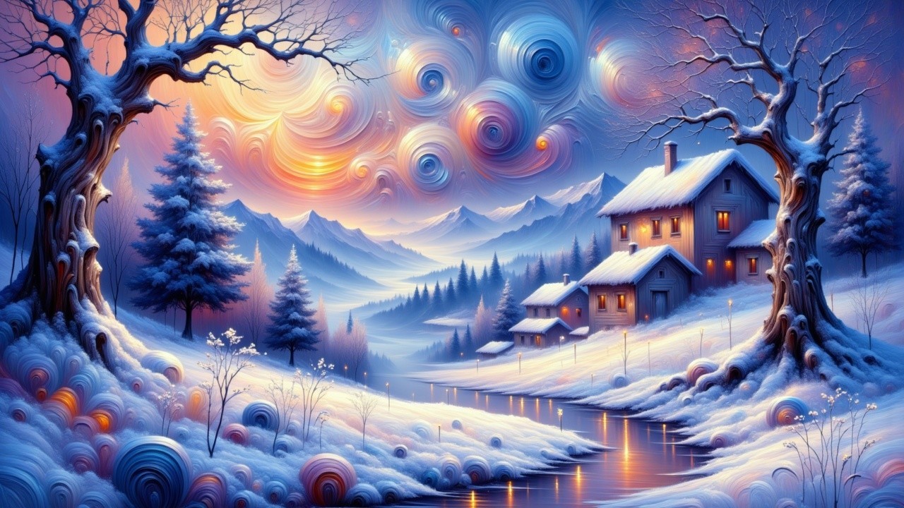 Serene winter landscape with snow-covered hills and cabin