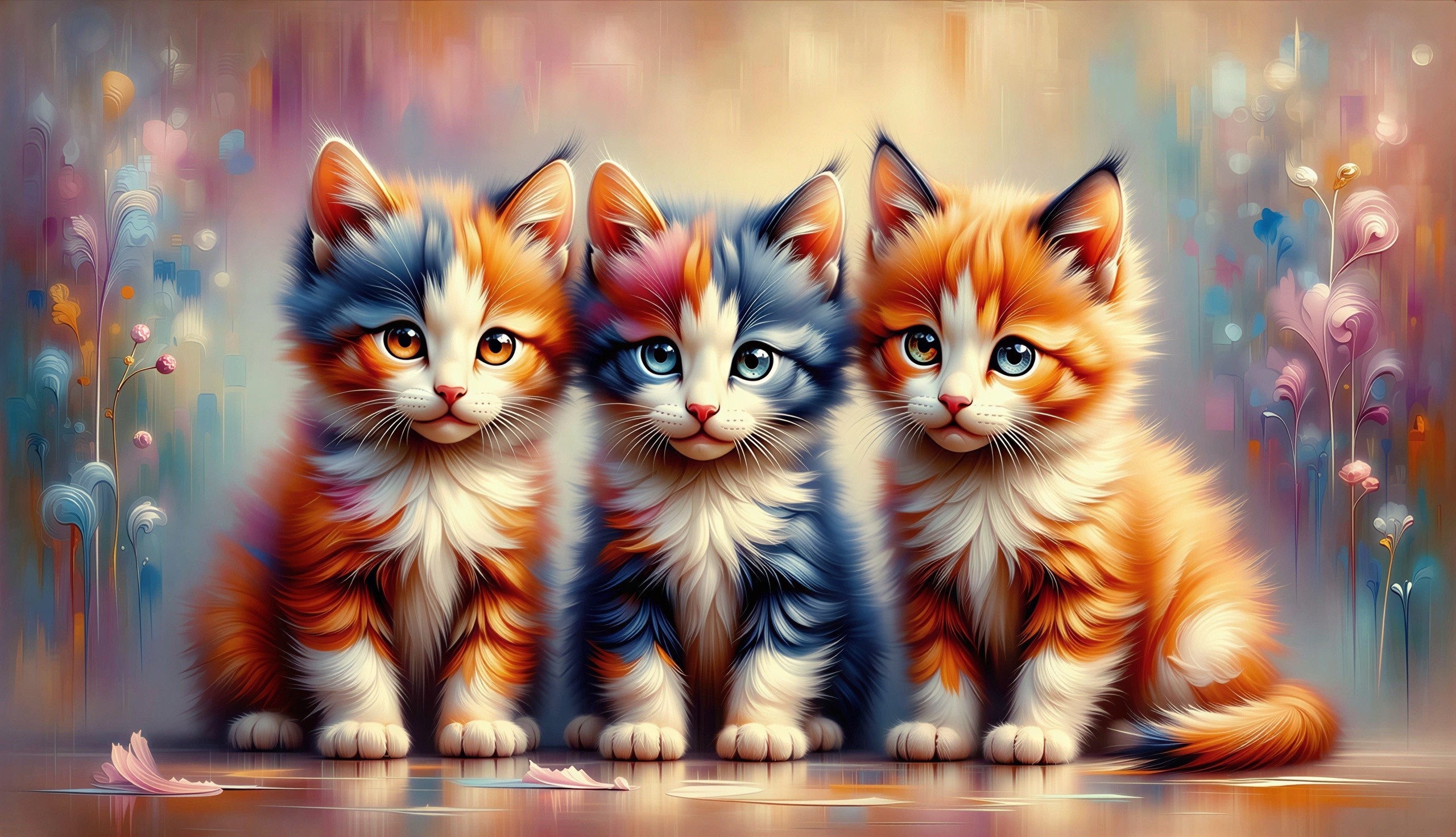 Fluffy Kittens on Reflective Surface with Unique Features