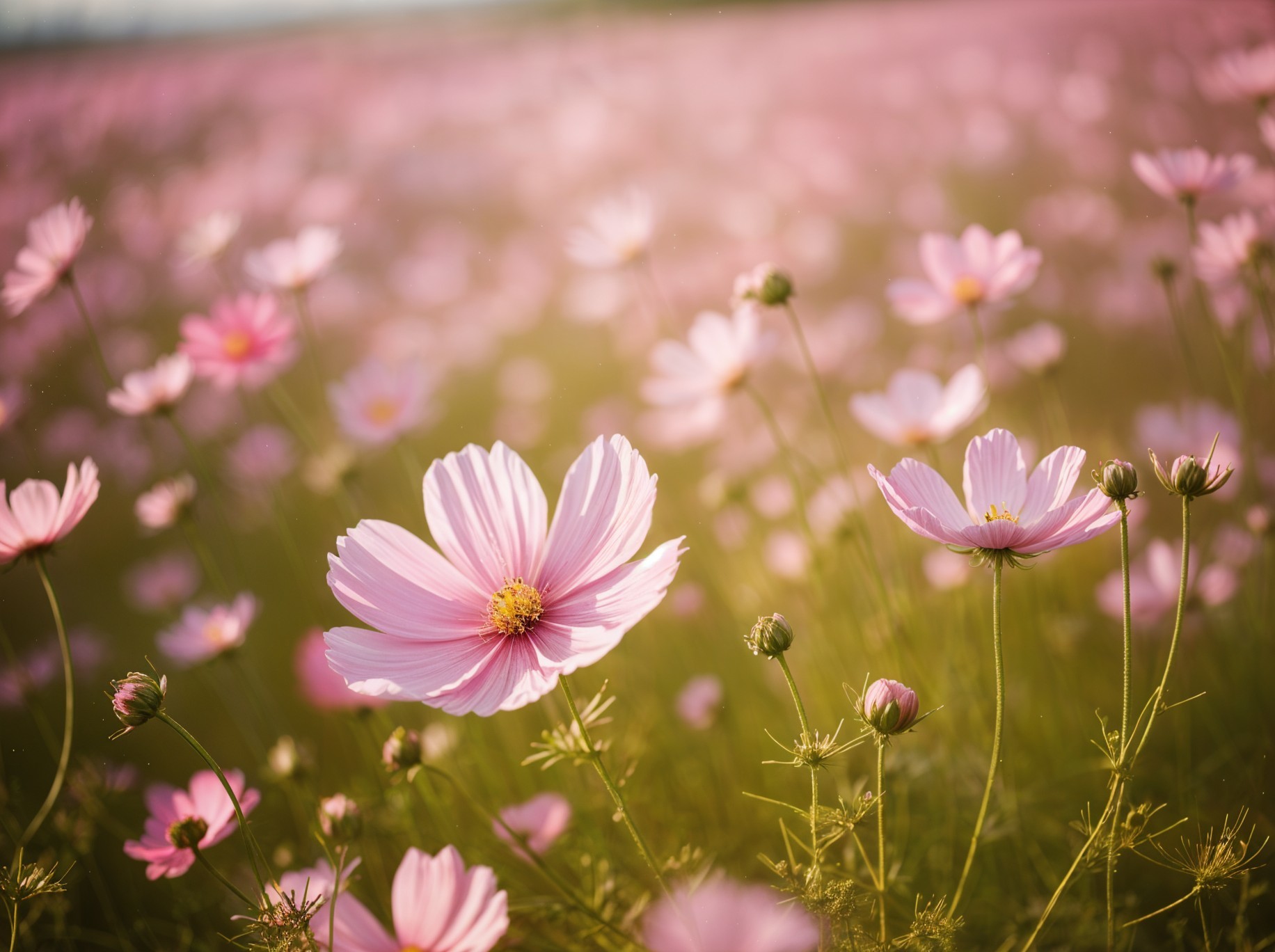 Vibrant Field of Pink Cosmos Flowers in Sunlight