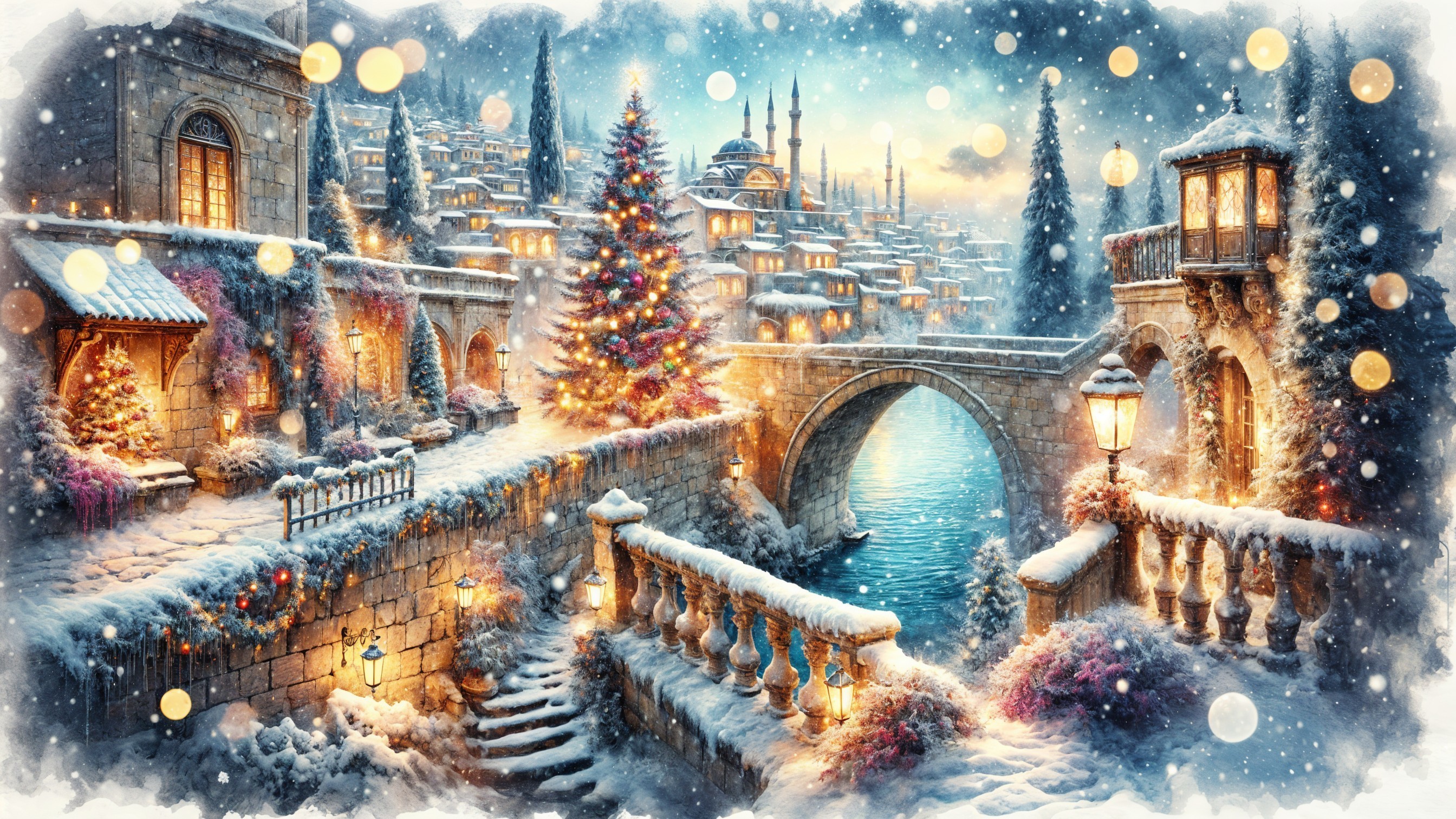 Winter Town Scene with Snow, Lights, and Christmas Tree