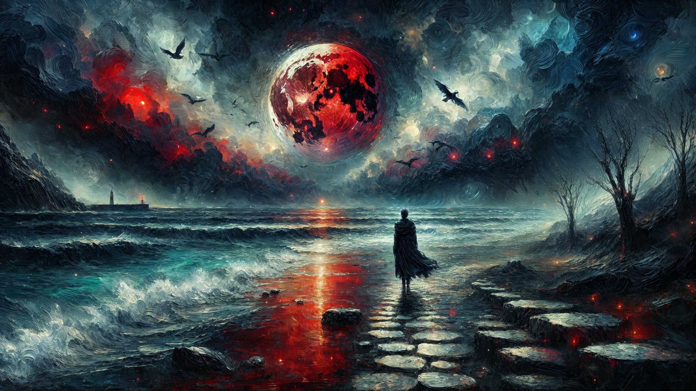 Solitary Figure on Jagged Shoreline at Sunset