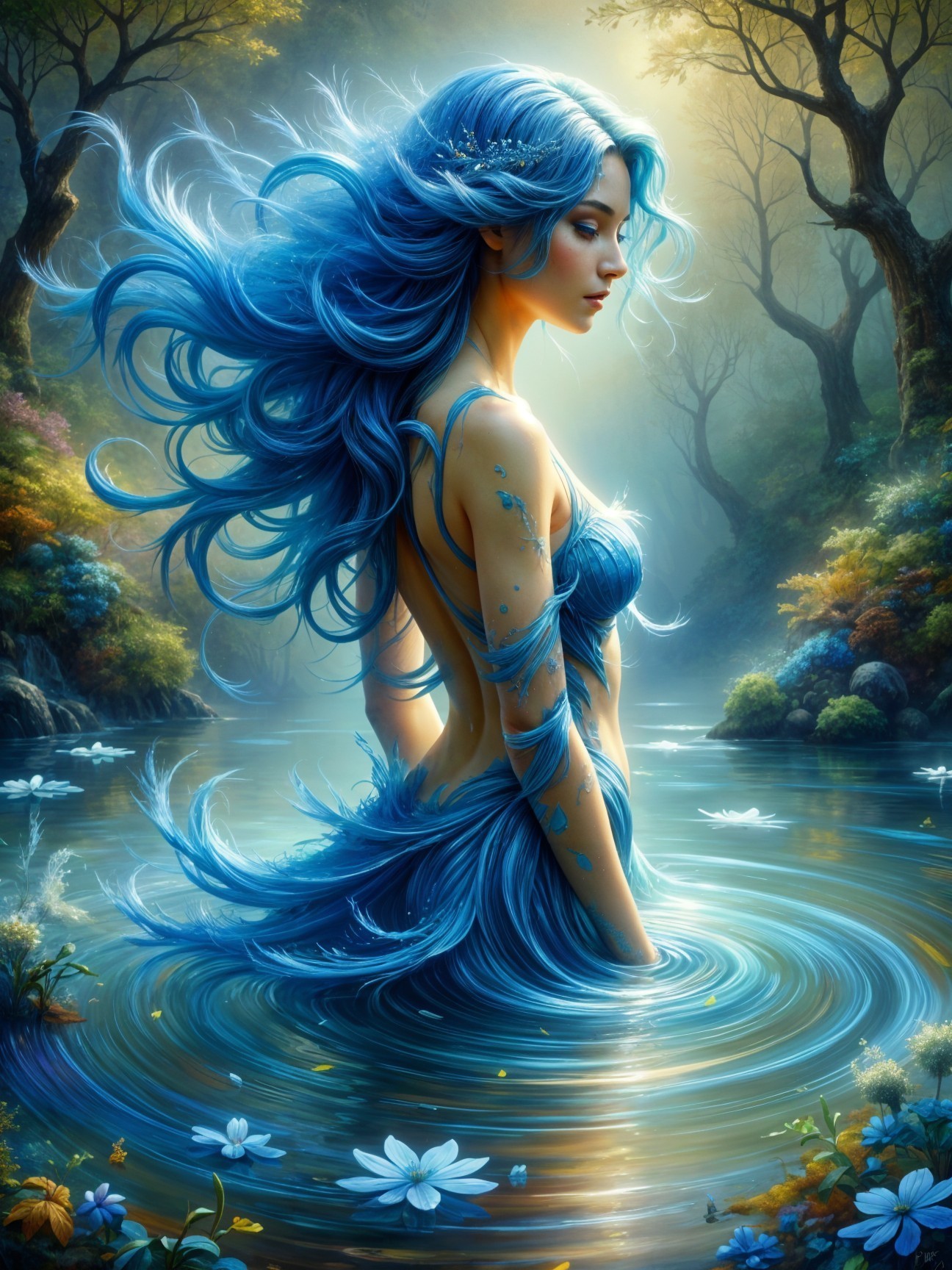 Mystical Figure in Tranquil Pool Surrounded by Nature