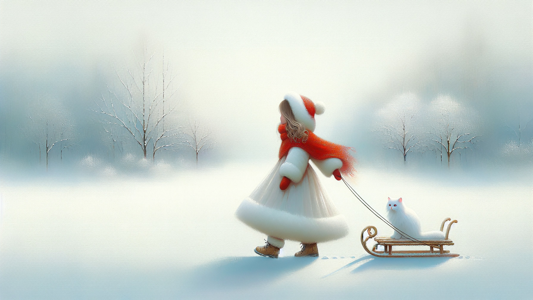 Anime-style winter scene with girl and sledding cat