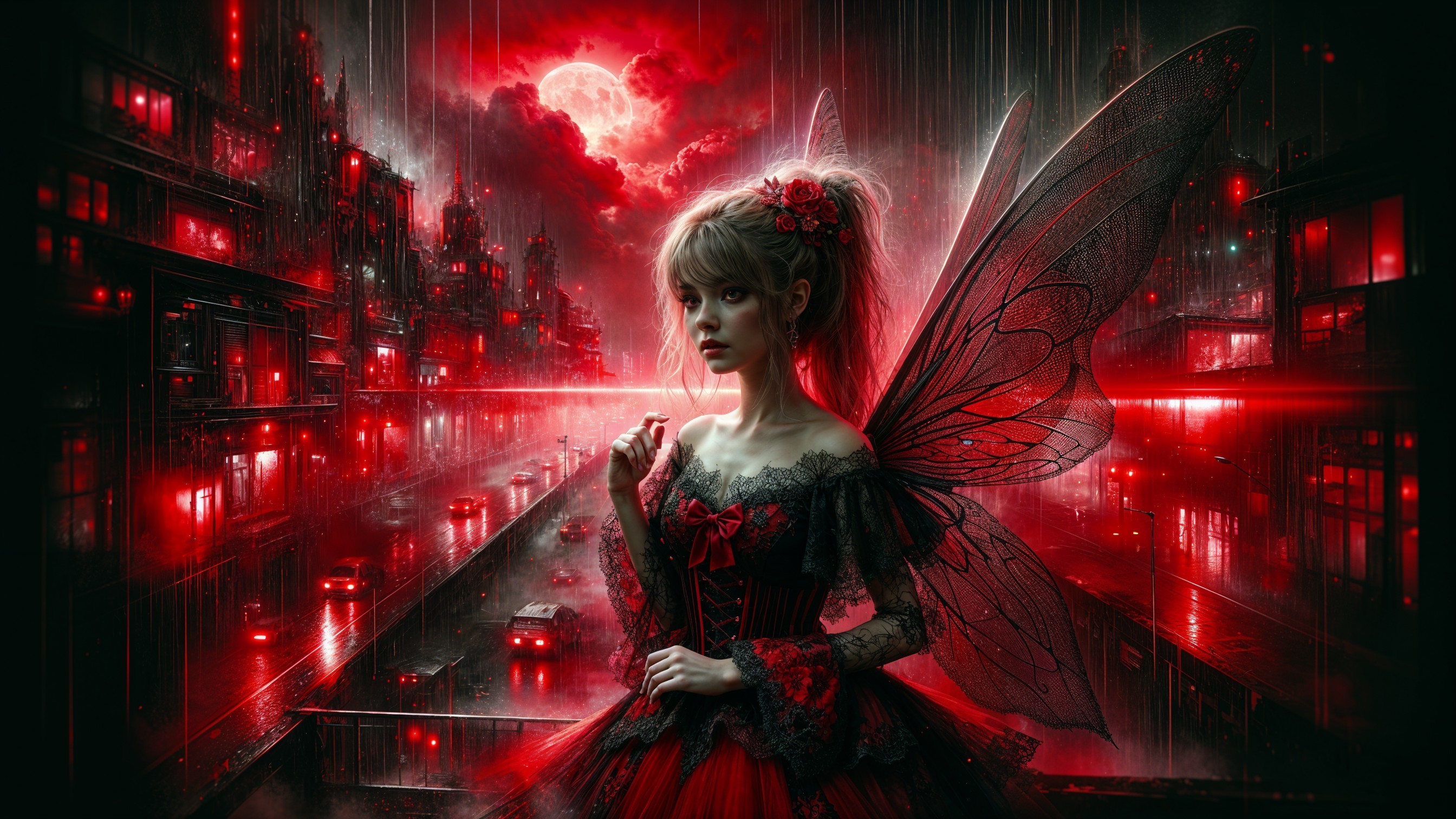 Mystical girl with wings in a red urban landscape