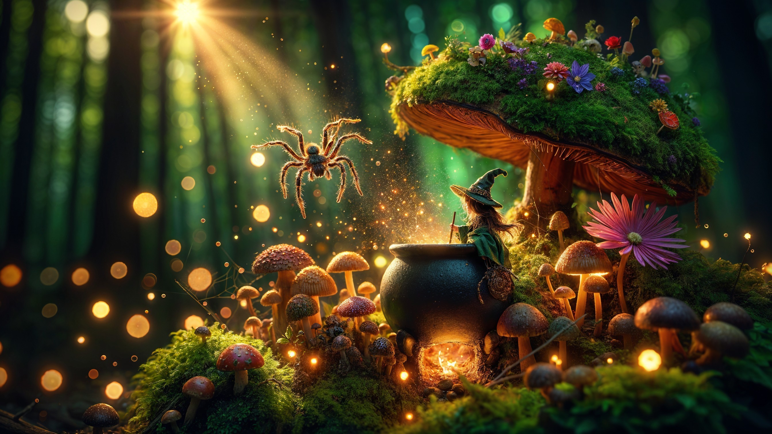 Tiny Witch Brewing Potions in a Magical Forest