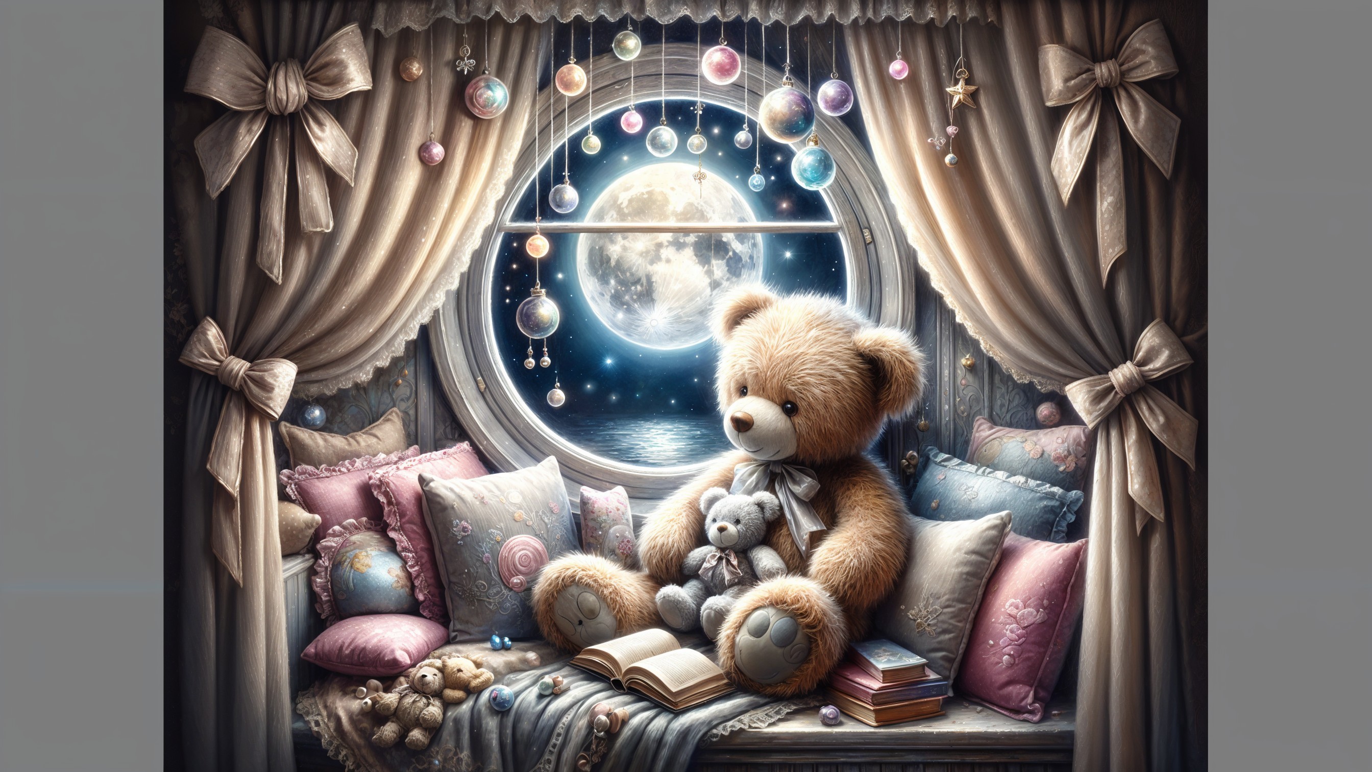 Cozy nook with teddy bears and moonlit view