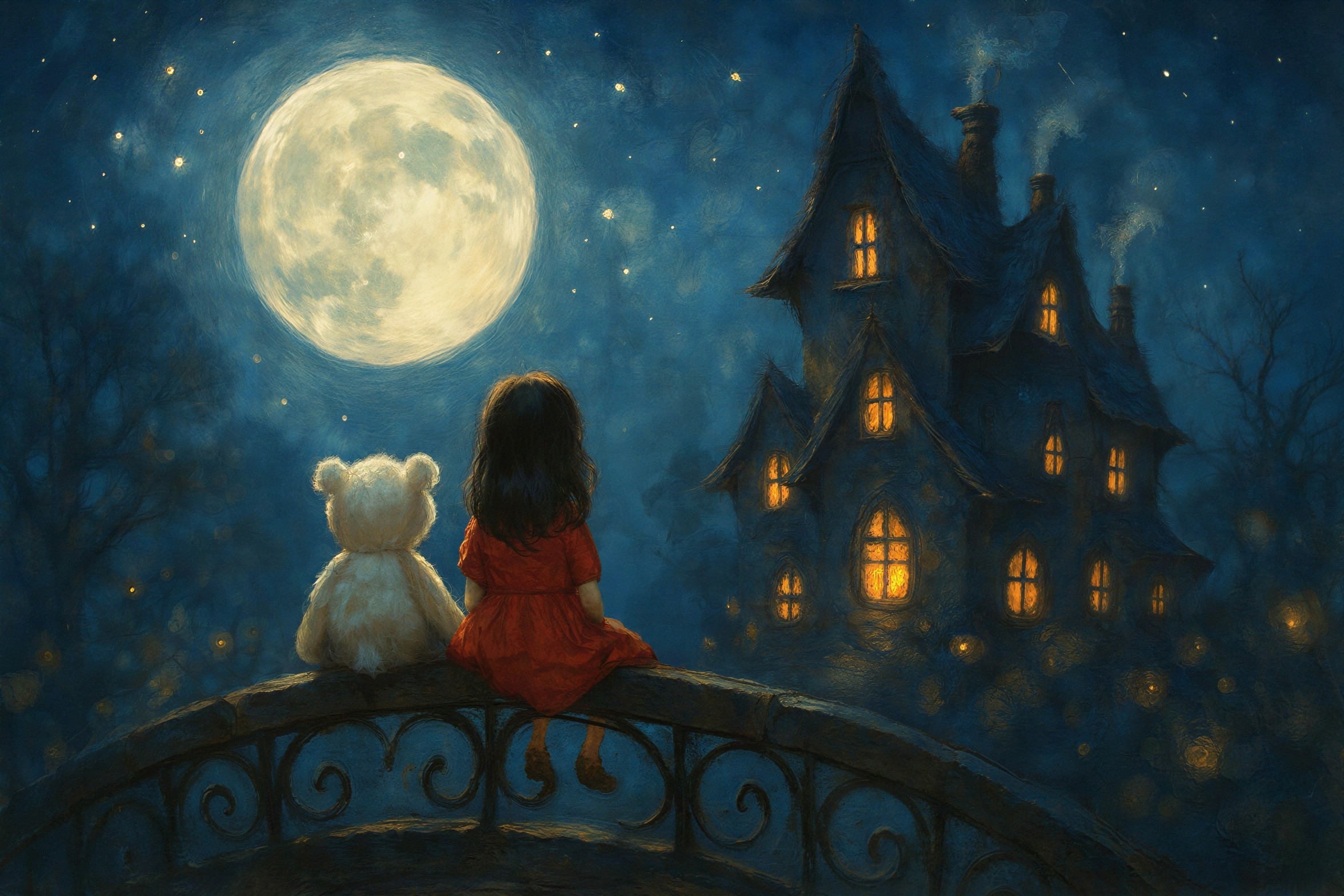 Girl in Red Dress and Teddy Bear on Moonlit Bridge