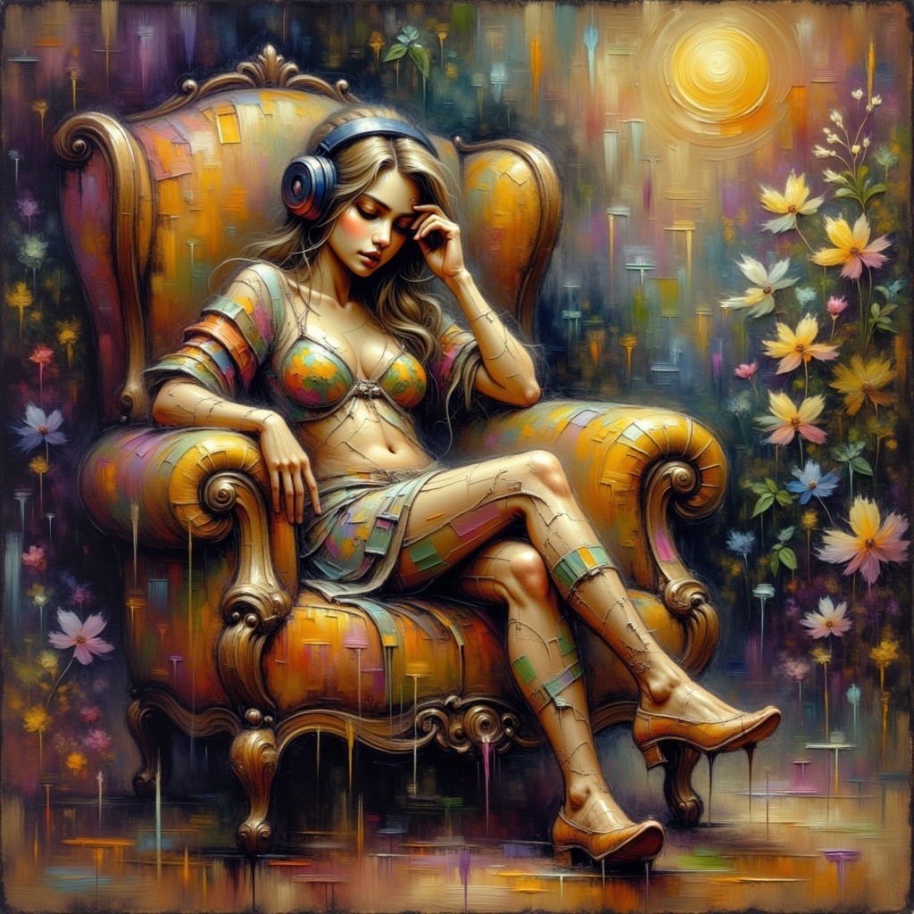 Young Woman in Vibrant Armchair Surrounded by Flowers