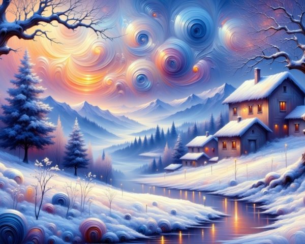 Serene winter landscape with snow-covered hills and cabin