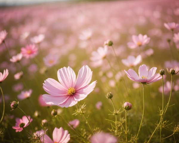 Vibrant Field of Pink Cosmos Flowers in Sunlight