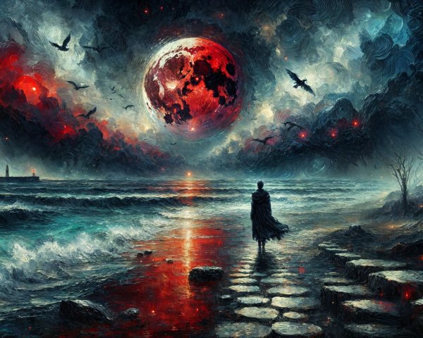 Solitary Figure on Jagged Shoreline at Sunset