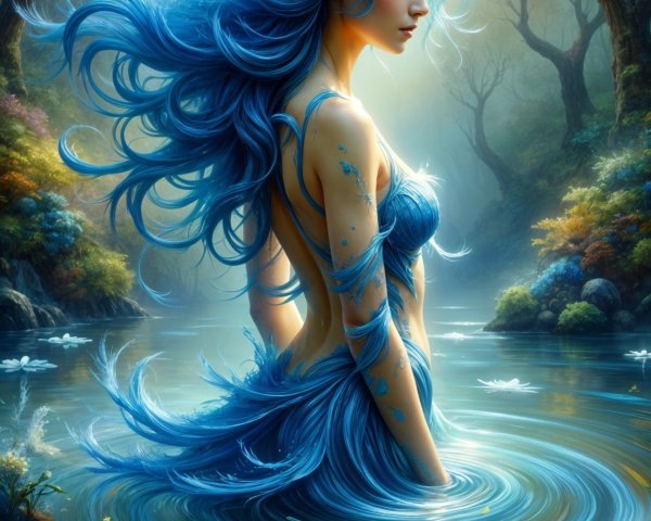 Mystical Figure in Tranquil Pool Surrounded by Nature