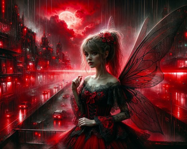 Mystical girl with wings in a red urban landscape