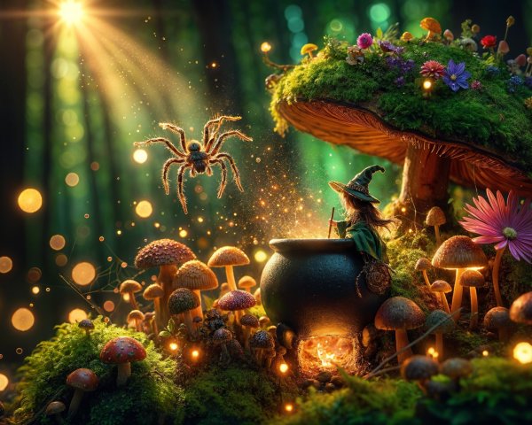 Tiny Witch Brewing Potions in a Magical Forest