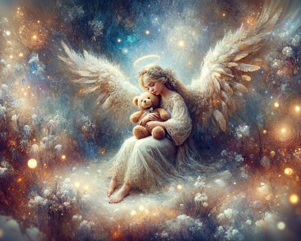 Angelic Figure with Teddy Bear in Ethereal Light