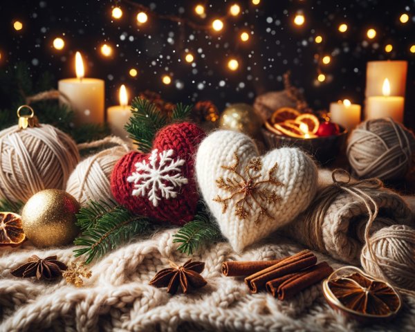 Cozy Holiday Scene with Knitted Ornaments and Spices