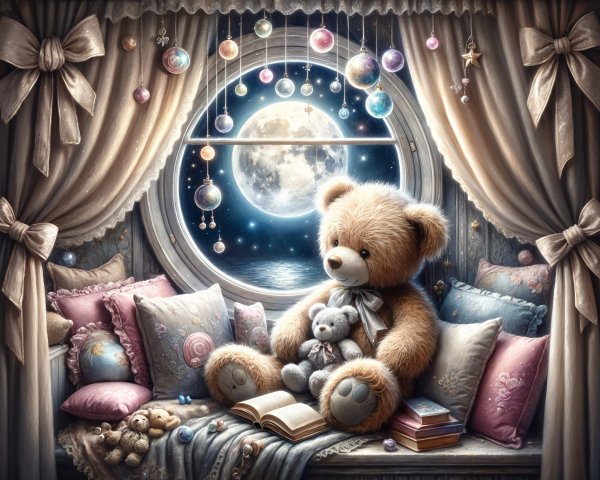 Cozy nook with teddy bears and moonlit view