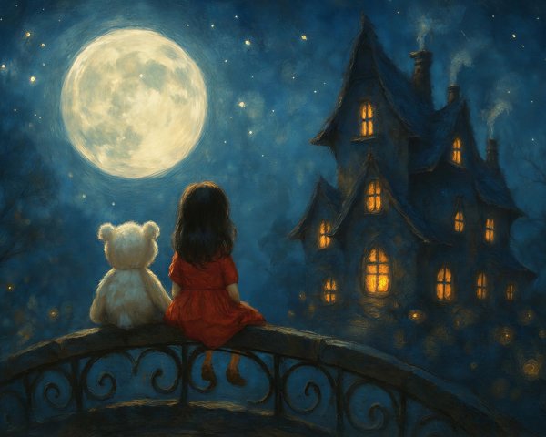 Girl in Red Dress and Teddy Bear on Moonlit Bridge