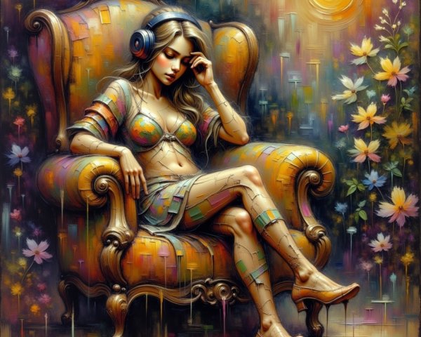 Young Woman in Vibrant Armchair Surrounded by Flowers