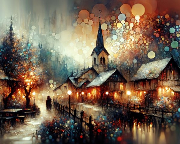 Dreamy Winter Village Scene with Glowing Lights