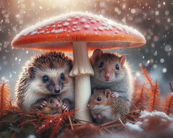Hedgehogs Under Mushroom in a Snowy Forest Scene