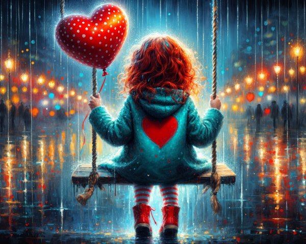 Young girl on swing with heart balloon in colorful scene