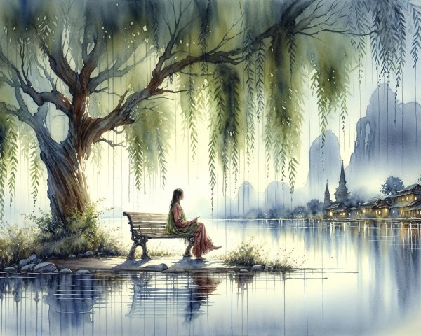 Watercolor Scene of Woman Under Willow Tree